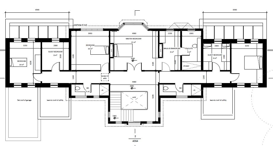 Architects' plans of the upper floor of a detached house